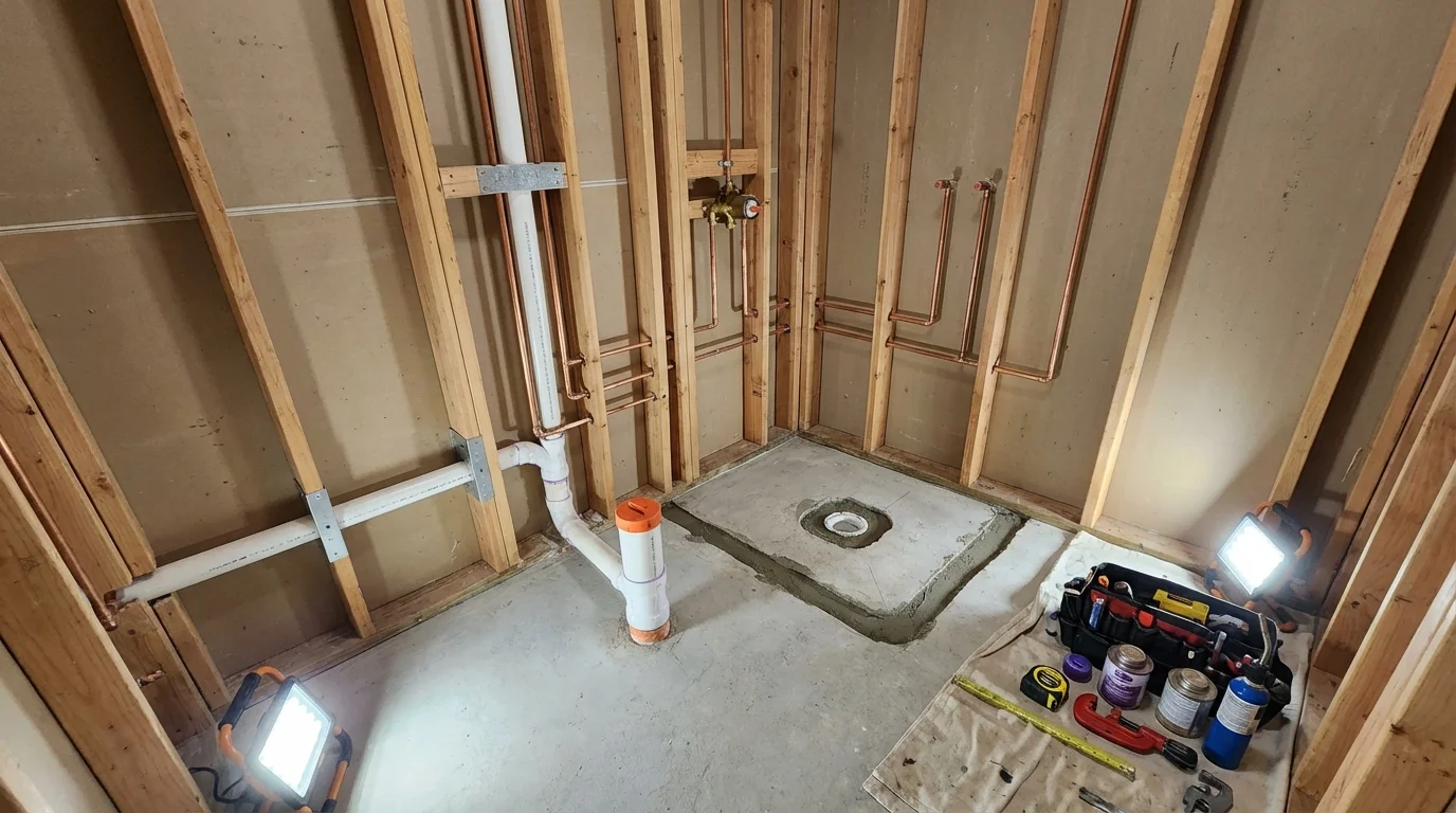 Bathroom rough-in plumbing during remodel by Johns Plumbing LLC in Canby