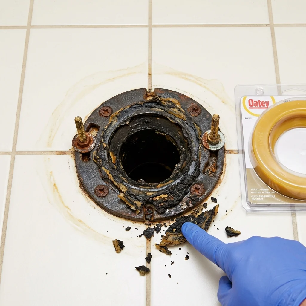 Failed wax ring showing water seepage at the base of a toilet in a Canby, OR home